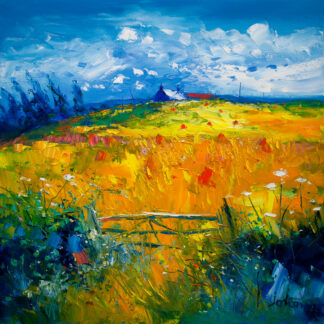 A vibrant and textured painting of a colorful field with a blue sky and fluffy white clouds. By John Lawrie Morrison OBE
